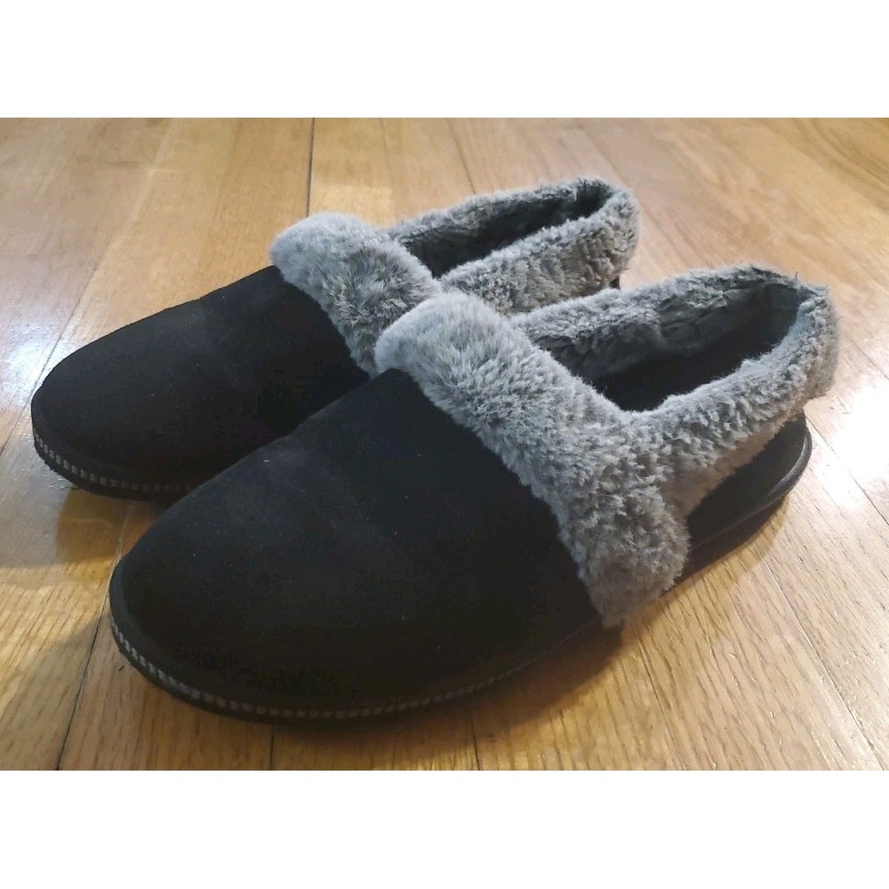 Skechers Black Slippers Size 8.5 Gray Faux Fur Comfort Memory Foam Slip On